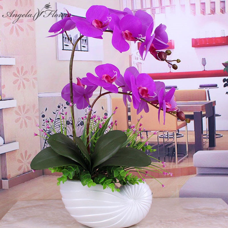 Kunstig orkidé phalaenopsis med stort blad pu ægte berøring blomst håndføler pottemager planter bryllupsindretning hjemmebord tilbehør