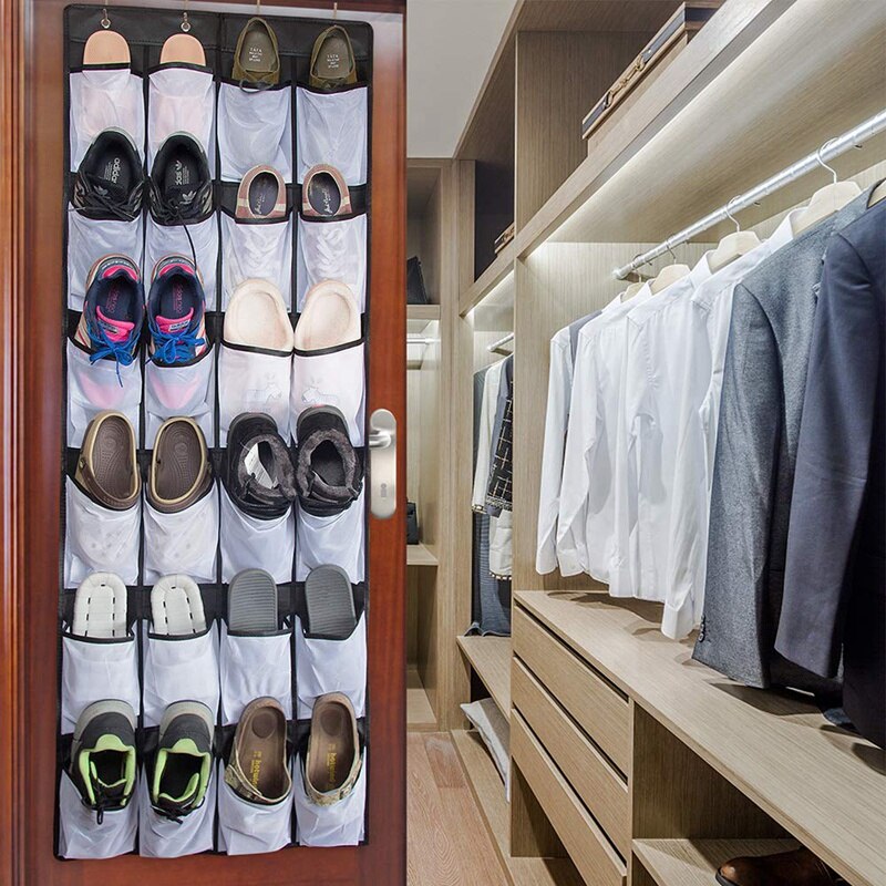 Over The Door Shoe Organizer, Clear Hanging Shoe Rack, Fabric Closet Shoe Organizer Storage Bag, 24 Large Mesh Pockets Door Shoe