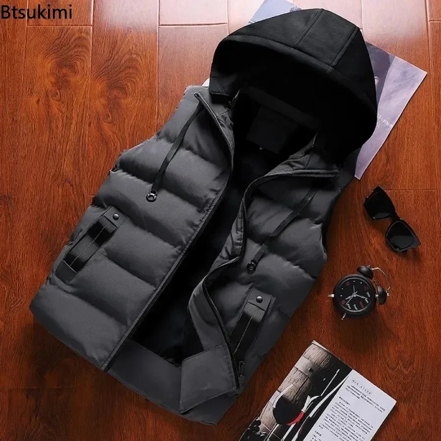 heren casual warm vest met capuchon effen dikker vest herfst winter waterdichte warme mouwloze jassen outdoor vest voor mannen