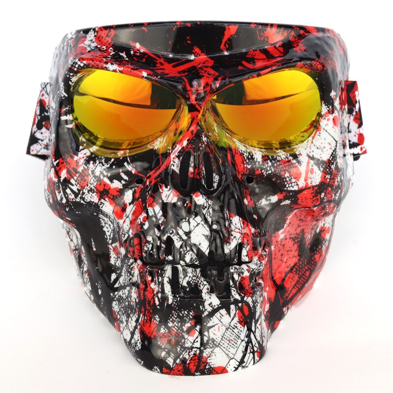 Cool skull motorcycle face Mask with Goggles Detachable modular Goggles Mask for Vintage open face Motorcycle Helmet Moto Casco: black-white-red