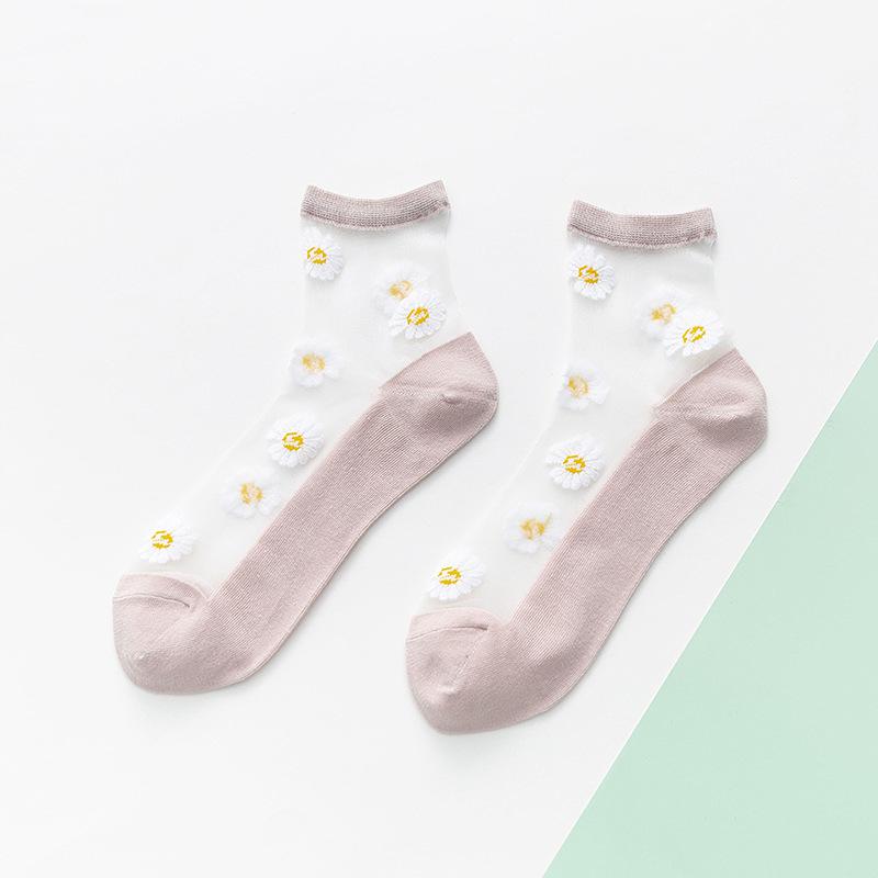 Small Daisy Sheer Tulle Floral Ankle Socks Women Best Mesh Transparent Girls Cute Black White Sheer Lace Nylon Socks Target Pop: Pink