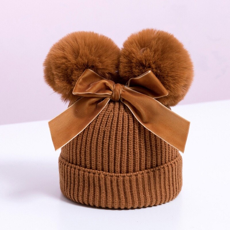 Chapeau d'hiver à Double pompon pour enfants | Chapeau avec nœud, casquette Crochet, chapeau et épais, chapeaux pour bébés: dark yellow
