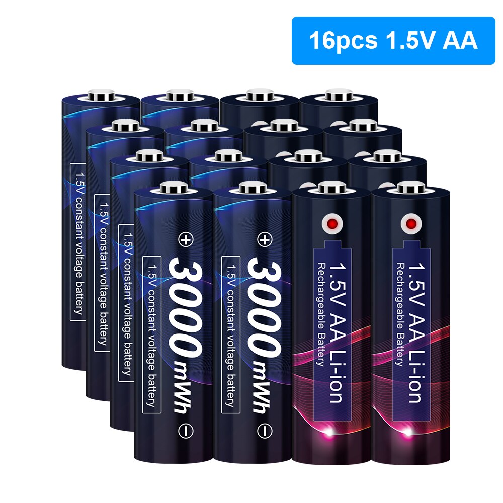 Ajnwnm 1.5v aa lithium genopladeligt batteri 3000 mwh konstant spænding 1.5v aa batteri til fjernbetjening mus blæser elektrisk legetøj: 16 stk aa batteri