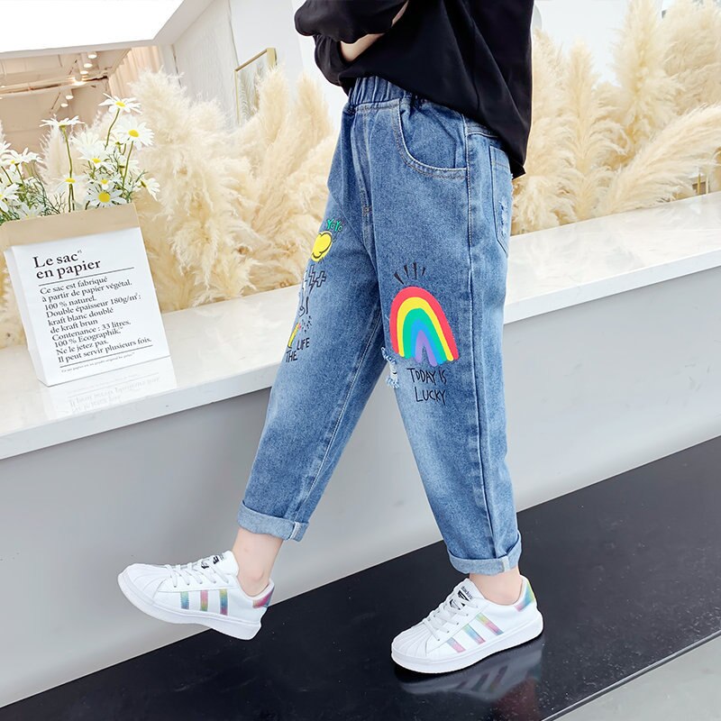 Girls Jeans Rainbow Children Spring Leisure Elastic Cartoon Rainbow Pants Kids Funny Trousers 4 To 13Yrs