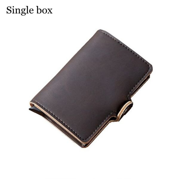 Women Rfid Wallet Metal Case Aluminum Double Box Leather Credit Card Holders for Men Slim Anti Protect Travel ID Cardholder: Single brown