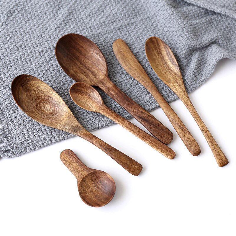 Korean Style Natural Wood Long Handle Soup Spoons For Cooking Mixing Stirr Kitchen Mini Seasoning Measuring Tools Coffee Scoop