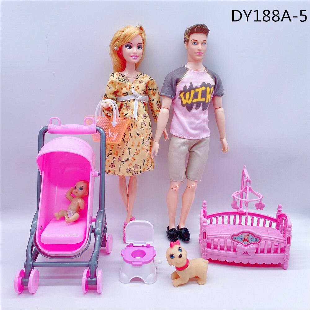 Fashionable 11.5”/30CM male doll + pregnant woman doll dress/small stroller/baby bed/children and girls toys accessories: Red