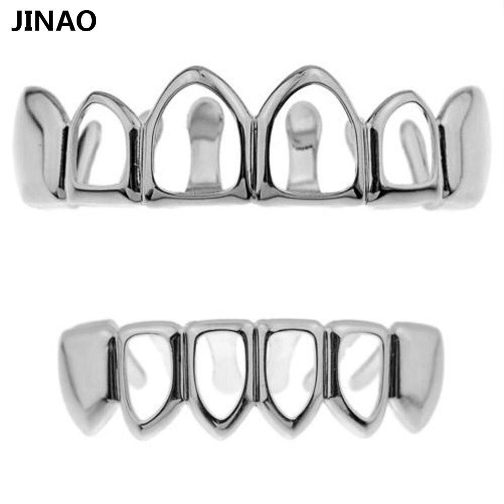 JINAO Hip Hop Gold Grillz Body Sieraden Vampire Hollow Grill Tanden Top & Bottom Grills Dental Mond Punk Tanden Caps cosplay Party: Silver Set