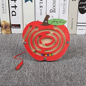 Children Magnetic Maze Toy Kids Wooden Puzzle Game Toy Kids Early Educational Brain Teaser Wooden Toy Intellectual Jigsaw Board: Red Apple