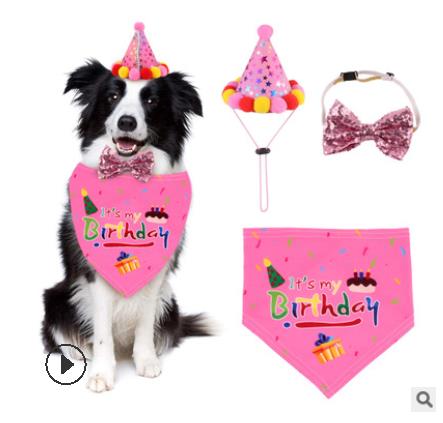 Mode Hond Verjaardag Producten Drie Delige Set Zakdoek Sjaal Strikje Cap Feestartikelen Decoratie: Roze