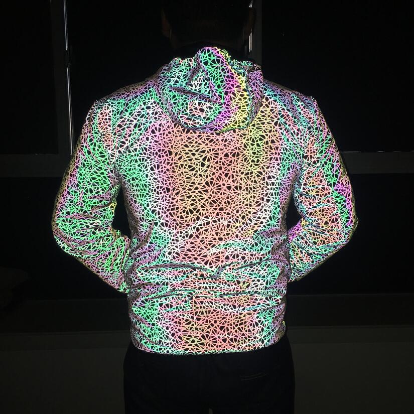 Autumn winter men personality colorful stripe reflective jacket hip hop coat women harajuku shiny reflect light chaqueta hombre