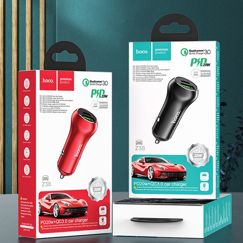 Caricabatteria da auto hoco 38W PD USB Quick Charge 3.0 per FCP AFC caricabatterie rapido per Samsung Xiaomi 10 Huawei p30 P40 Pro ricarica rapida per auto