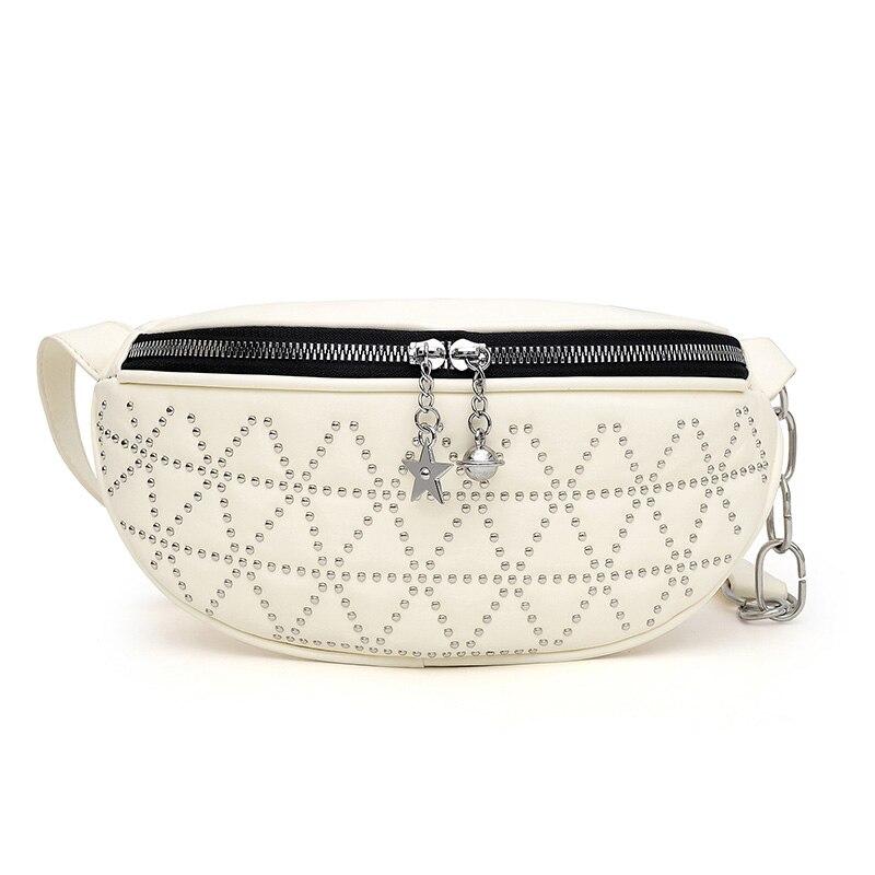 Saco de cintura nova moda à prova dwaterproof água pacote de peito fanny pacote de corrente de cinto feminino treliça pacote de cintura saco de barriga bolsa: White  Waist Bag