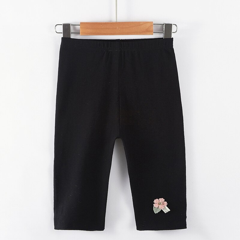 Girls Knee Length Kid Five Pants Solid Color Children Cropped Trousers Spring-Summer All-matches Bottoms Leggings Floral Sweet: Black / 100cm