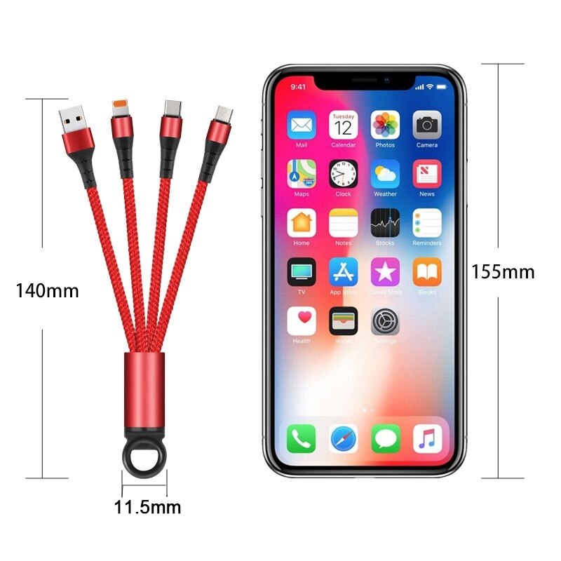 3 em 1 cabo de carregamento de corrente chave viagem portátil curto cabos para o tipo c micro usb iphone cabo de carregamento rápido para todos os smartphones