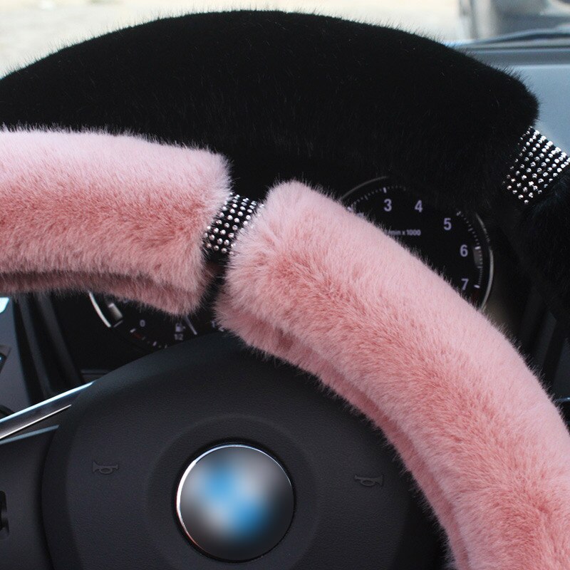 Funda de volante de felpa de invierno, cristales de diamante, cubiertas de pelo rosa para coche, accesorios de lujo para interiores