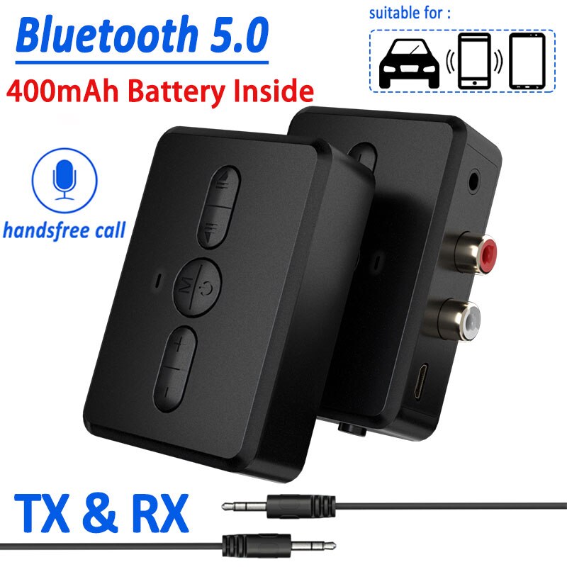Bluetooth 5.0 lydmottaker sender rca 3.5mm aux jack musikk 400 mah stereo trådløs adapter håndfri samtale for bil pc tv