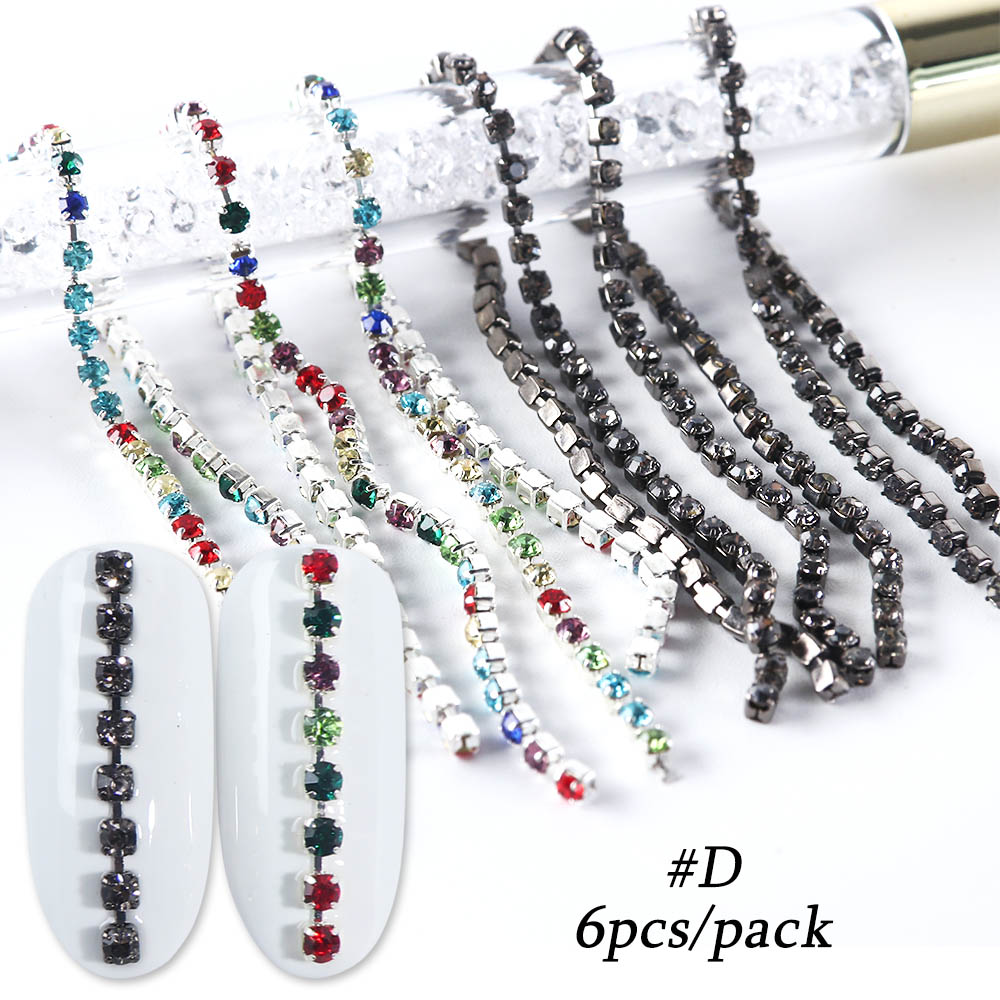 6 st diamanter metallkedja strass på naglar linje 3d färgglada randiga smycken flatback ädelstenar strass nail art tillbehör  be799: D stil