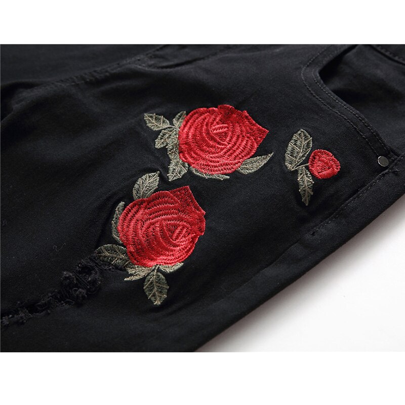 Vomint Black Ripped Jeans Met Borduurwerk Mannen Met Bloemen Rose Geborduurde Mannen Denim Jeans Stretch Skinny Jeans Broek