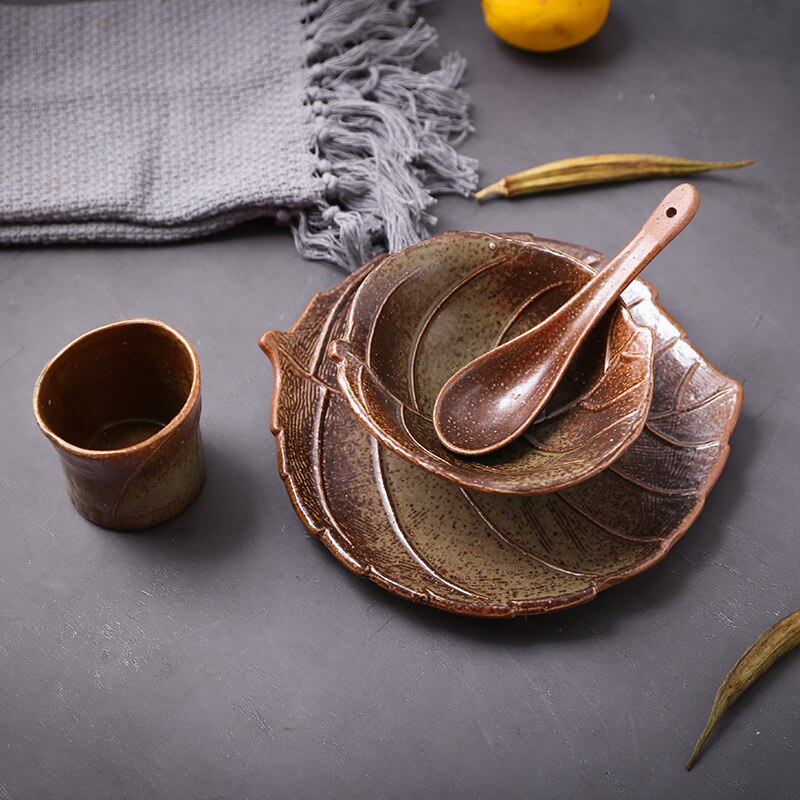 Japanese leaf shape bowl plate spoon ceramic tableware suit