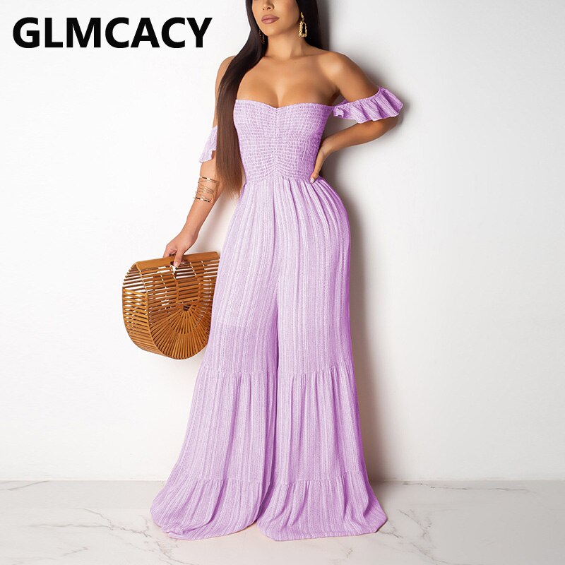 Vrouwen Off Shoulder Franje Zoom Jumpsuits Elegante Wijde Pijpen Losse Overalls Jumpsuits: Paars / L