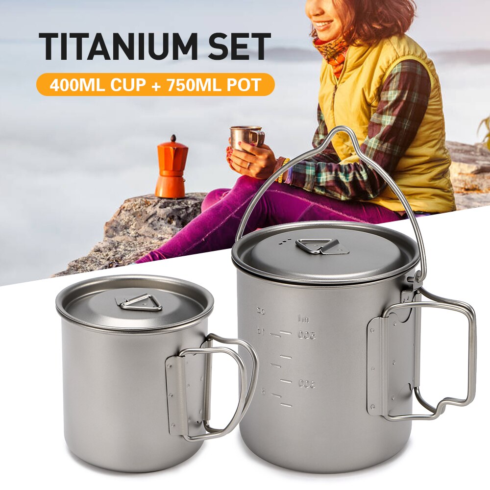 400ml/450ml Ultraleicht Titan Tasse 750ml Titan Hängen Topf Außen Geschirr setzt Camping Picknick Tragbare Getränk kochgeschirr: 400ml Tasse 750ml Topf