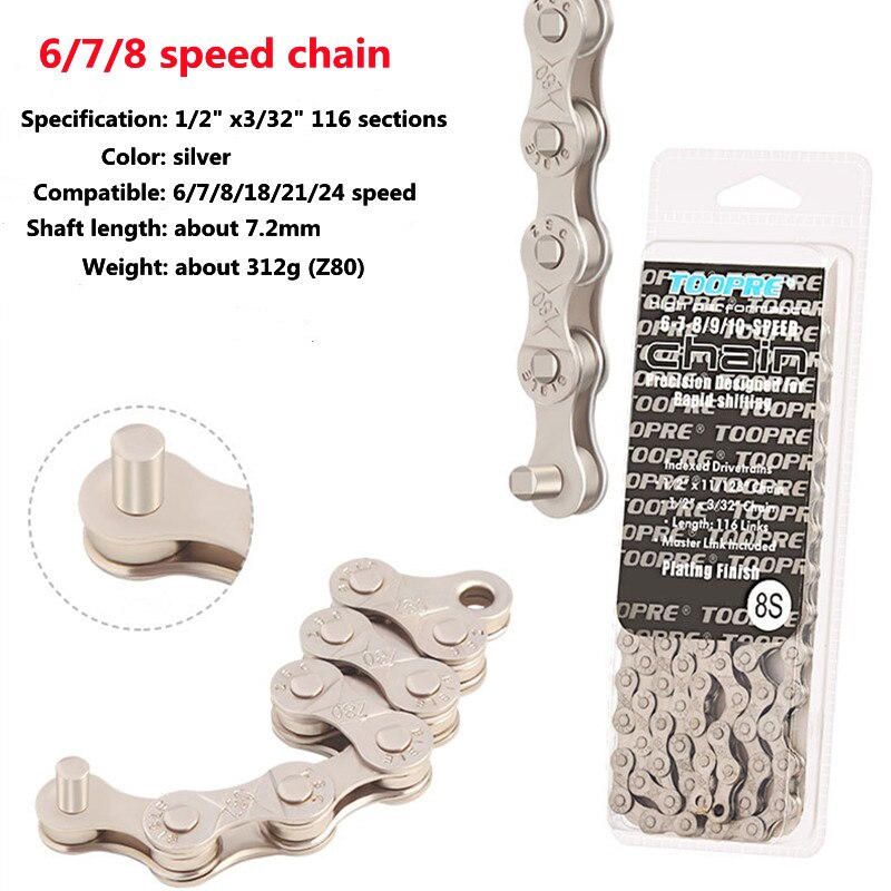 Bicycle Chain 6 7 8 9 10 11 12 Speed MTB Bike Electroplated Silver Chain Road Bicycle Chains Part 116 Links: 6-8  Speed Silver