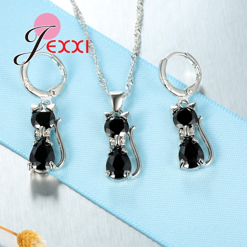 Mode 925 Sterling Zilveren Sieraden Sets Voor Vrouwen Laies Luxe Cz Rhinestone Dier Kat Charm Hanger Ketting Oorbellen