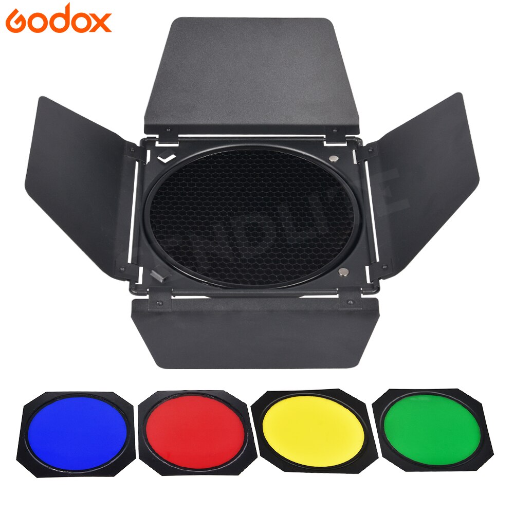 Godox BD-04 Bowens Mount grange porte avec grille nid d'abeille + 4 Kits de filtres de couleur pour SK400ii DE400 DE300 QS400 QS60 Studio Flash