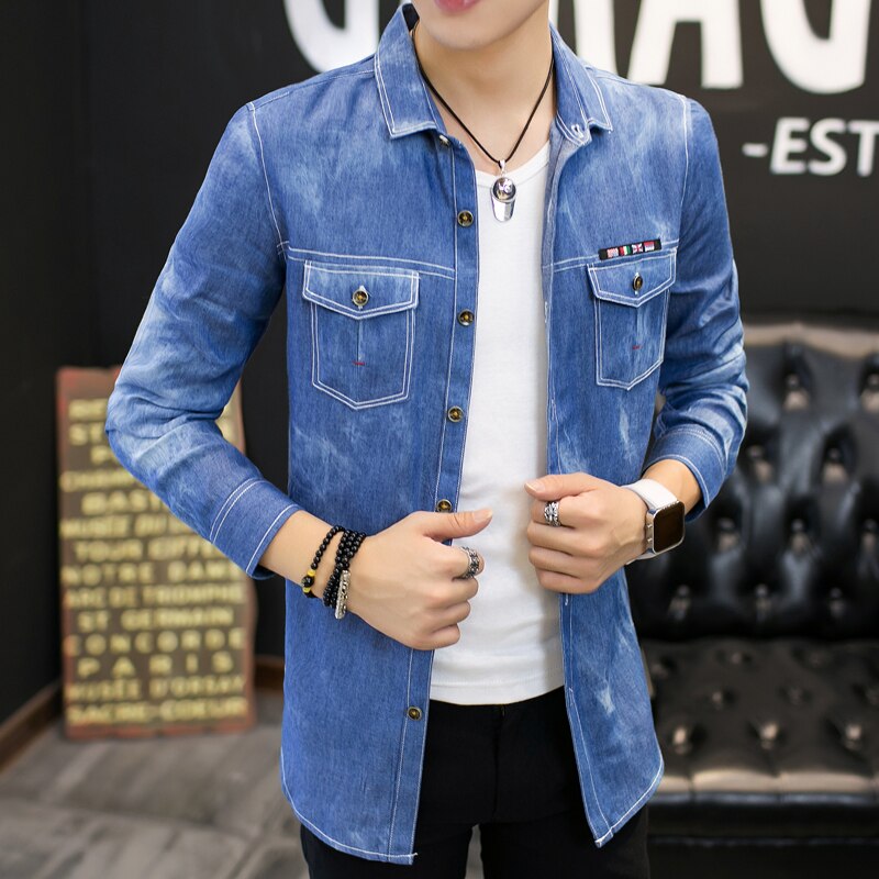 Jeansskjorta herr snygg casual slim fit herr långärmade skjortor solid bomull fram dubbelficka jeansskjortor herr