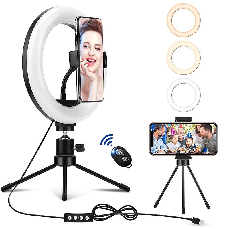 10 '' rgb selfie ring lys med stativ stander og telefonholder dæmpbar led bord cirkel lampe med 10 farver bærbare halo lys: -en