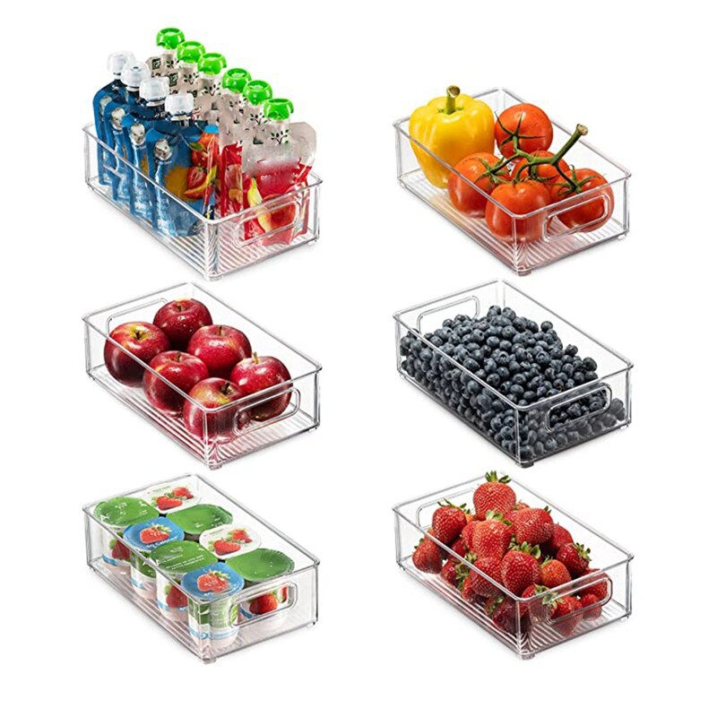 6Pcs Koelkast Organizer Bakken Stapelbaar Koelkast Organisatoren Met Uitsparing Handgrepen Clear Plastic Pantry Voedsel Opslag Rek