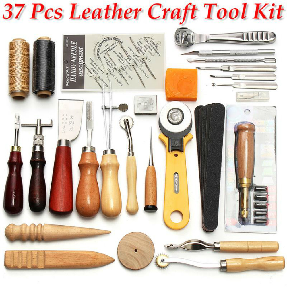 Kit de herramientas profesionales para artesanía de cuero, herramientas para coser a mano materiales para tallado, accesorios artesanales de cuero hechos a mano, 37 Uds.