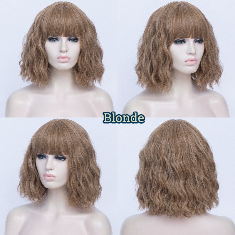 MSIWIGS-Peluca de cabello ondulado corto con flequillo para mujer, peluca completa sintética barata, color negro, fibra resistente al calor, marrón, falsa: Blonde