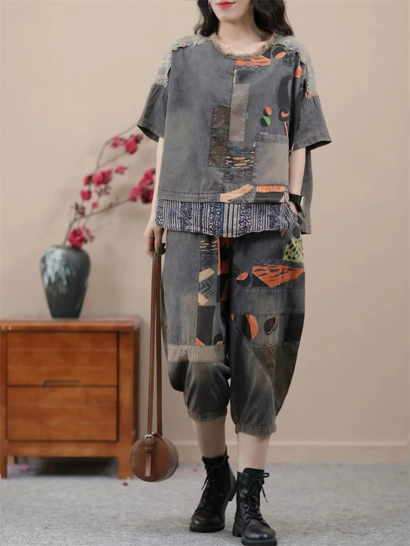 Conjunto de calças jeans Harlan de mulher, coreano, estilo étnico, pequeno, casual, roupa de alta qualidade, estampada, feminina, verão, novo, 2024