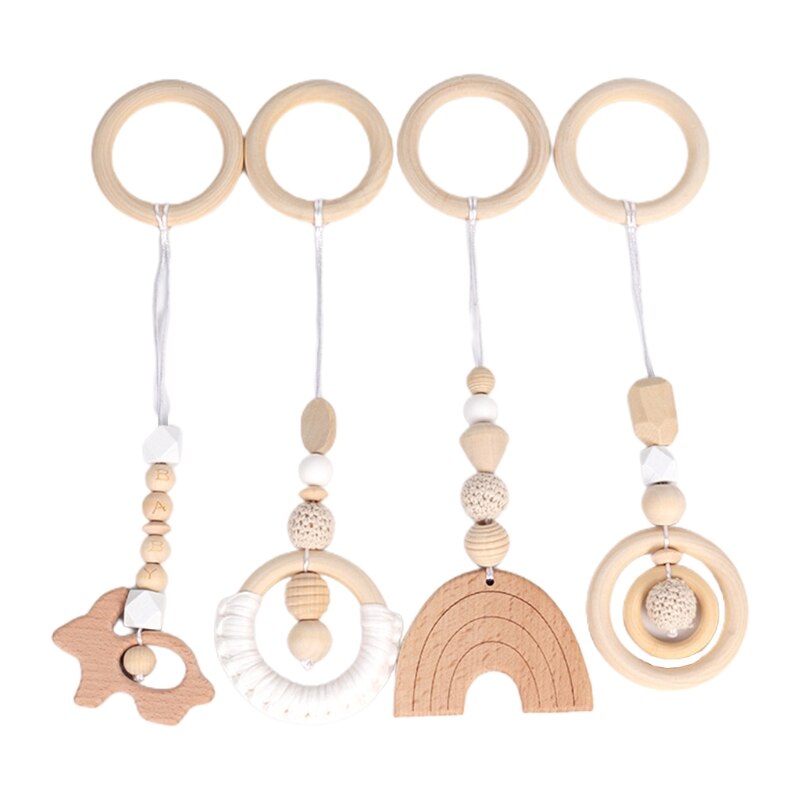 4 Stks/set Baby Play Gym Frame Wandelwagen Opknoping Hangers Hout Ring Bijtring Molaire: WHITE