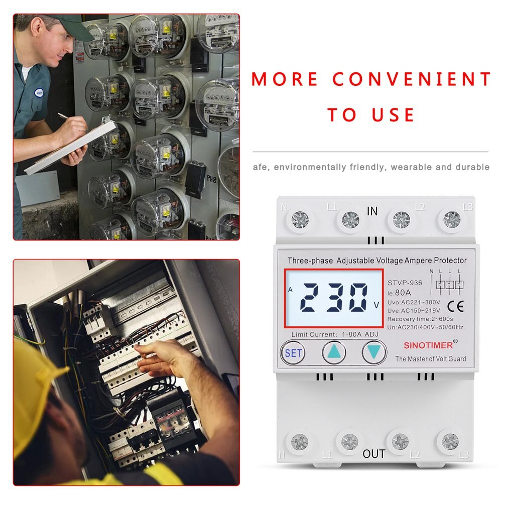 Din Rail 3 Phase Voltage Relay 380V Voltmeter Ammeter Over and Under Voltage Relays Adjust Current Overvoltage
