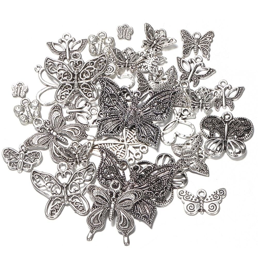 50g 100g Butterfly Mixed Charms Pendants Vintage Antique Bronze Silver Bracelets Necklace Craft Metal for DIY Jewelry Making: Antique Silver / Weight 100g