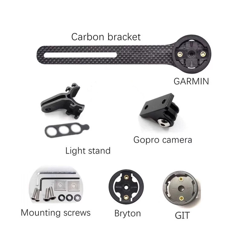 Fuld kulfiber garmin / bryton / cateye / igpsport cykelcomputer supportholder + gopro bevægelseskamera beslag + lampeholder
