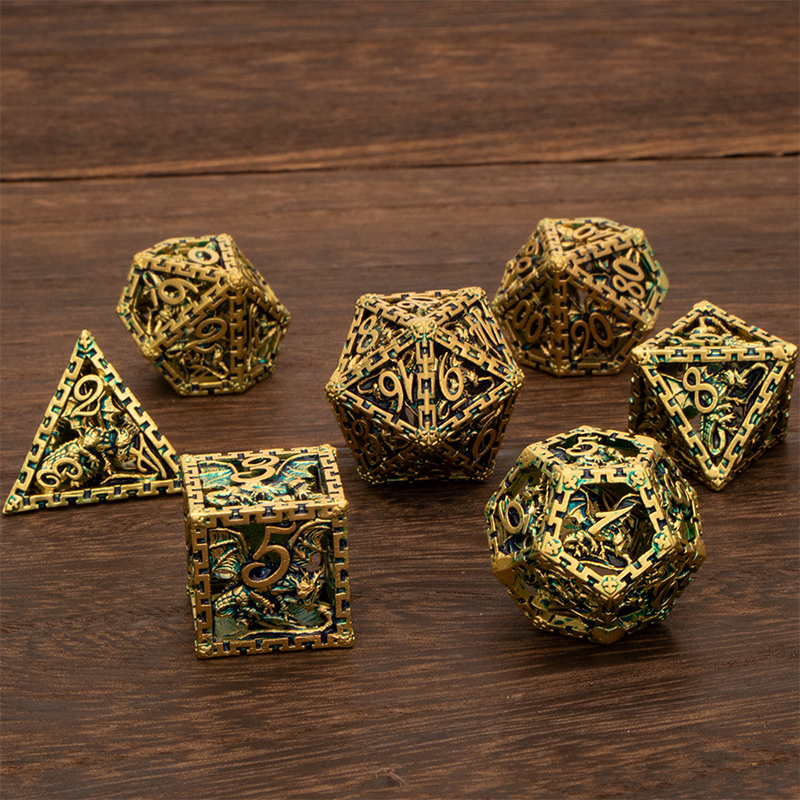Set di dadi Dnd in metallo cavo prigione e drago D &amp; d D + D dadi D20 D12 D10 D % D8 D6 D4 RPG oro blu poliedro gioco di ruolo dadi
