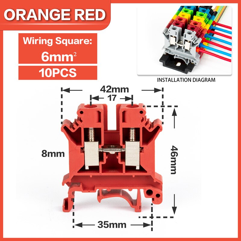 10Pcs Din Rail Terminal Block UK-6N Connductor Universal Class Screw Wire Connector Strips Disassemble assembly: Orange-10PCS