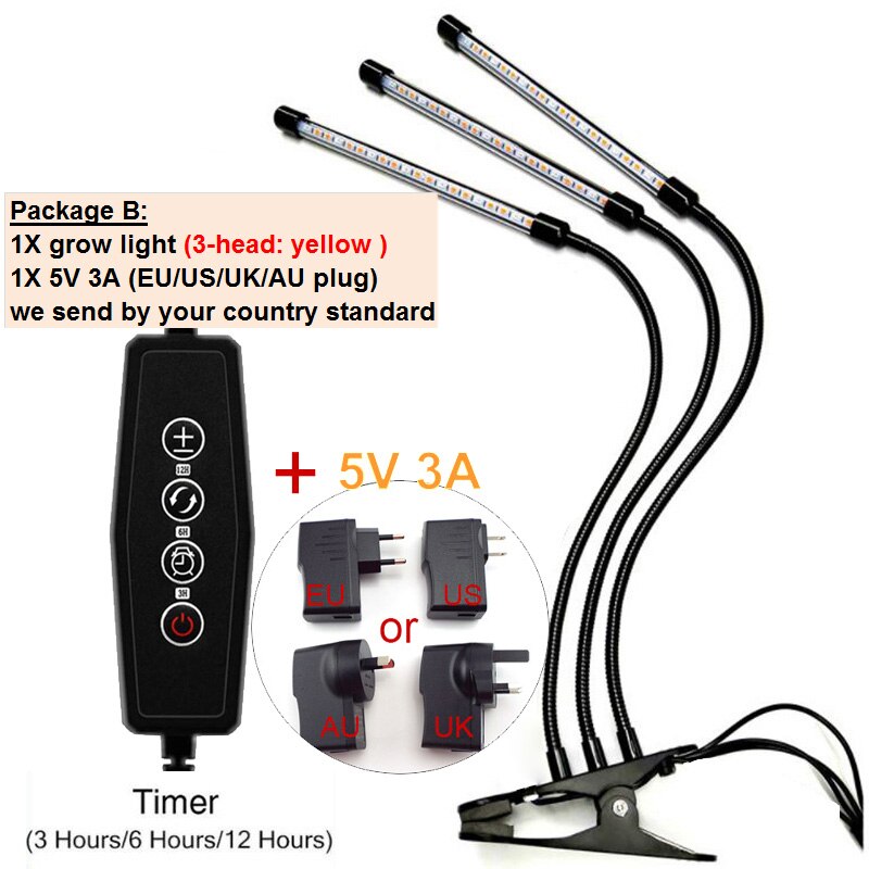 Usb Timer Led Plant Groeien Licht Dc 5V Dimbare Volledige Spectrum 3 Hoofd Lampen Flexibele Clip Phyto Lamp Voor indoor Fitolamp Planter: B package 3 head