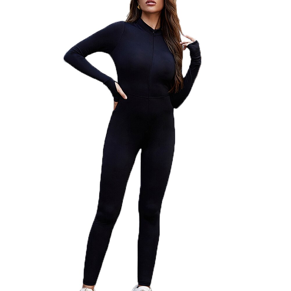 Sport Jumpsuit Women Solid Black High Elastic Long Sleeve Outfit Bodycons Fitness Tight Sportwear Slim Rompers Streetwear Female