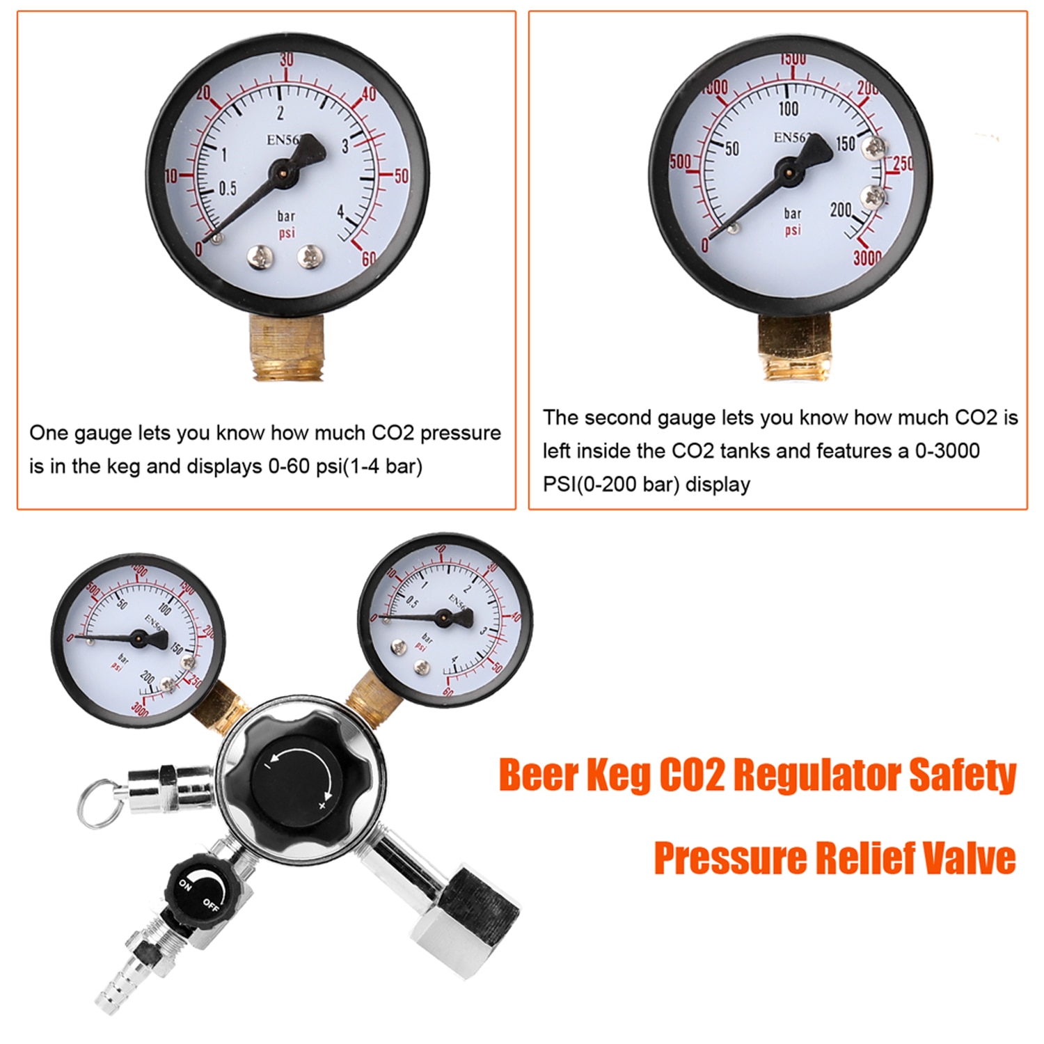 Beer Keg Co2 Regulator Safety Pressure Relief Valve 0-3000 Psi Tanks Pressure Adjustable Brewing Equipment CO2 Regulator
