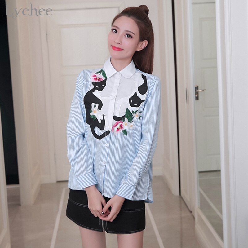 Lychee Mori Girl Women Blouse Cat Flower Embroidery Stripe Casual Loose Long Sleeve Spring Autumn Shirt Tops