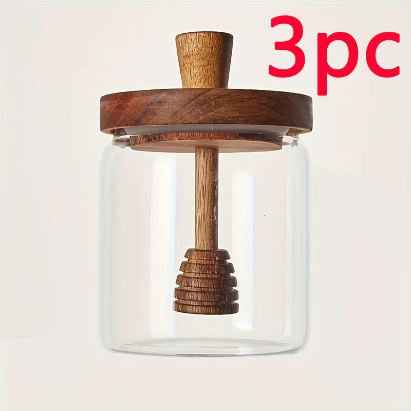 Tarro de miel de vidrio, bote de miel hermético avanzado, tanque sellado de vidrio, varilla mezcladora con cubierta de madera, botella de miel transparente, 1/2/3 unidades: Amarillo claro