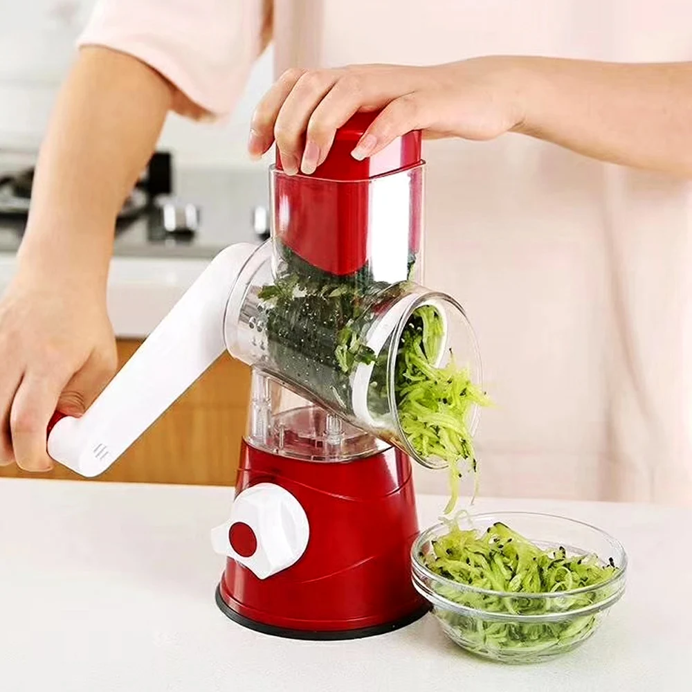Cortador de verduras, ralladores rotativos manuales para queso, mandolina redonda, trituradora con 3 cuchillas de acero inoxidable, accesorios de cocina