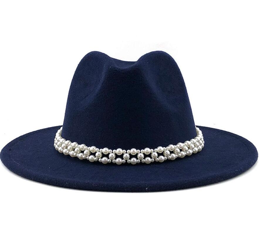 Women Wool Fedora Hat with Imitation Pearl Ribbon Gentleman Lady Winter Autumn Wide Brim Church Girl Jazz Cap: WYH-4957-9