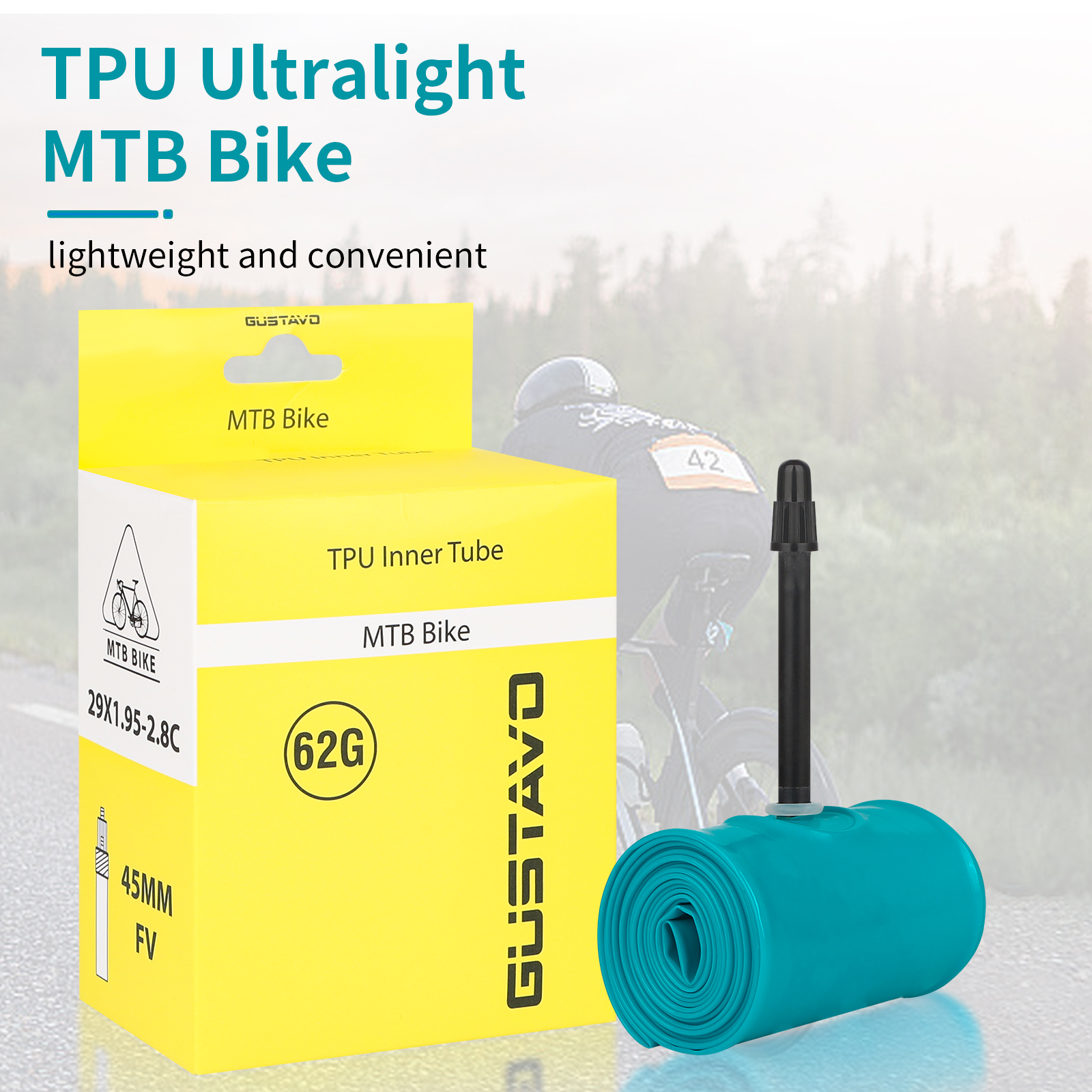 GUSTAVO TPU Ultraleichter MTB-Fahrradschlauch 26/27,5/29 x 1,95–2,8 C Französische Ventillänge 45 mm