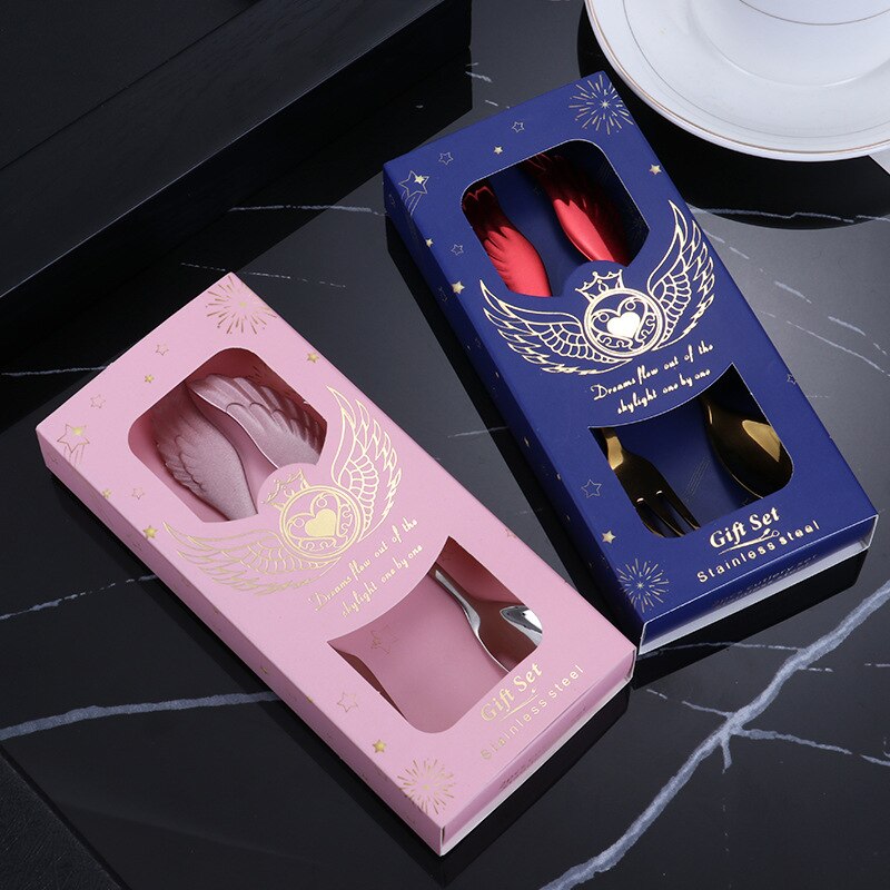 2 Pieces Dessert Spoon Fork 304 Stainless Steel Angel Wing Coffee Spoon Dessert Spoon Fruit Fork With Box